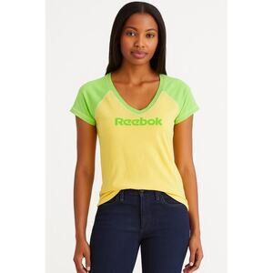 Reebok Women’s Vintage V Neck Yellow and Green T-Shirt 90s Y2K size XL